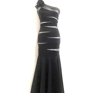 Betsy & Adam Black and Silver One Shoulder Dress